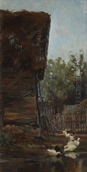 Ducks By A Farm Pond; A Country Path (2 Works) Oil Painting by Alexander Kellock Brown