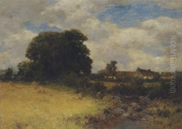 Hayfield By A Village Oil Painting by Alexander Kellock Brown