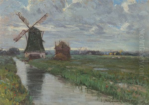 Windmill And Canal In A Landscape Oil Painting by Benjamin Chambers Brown