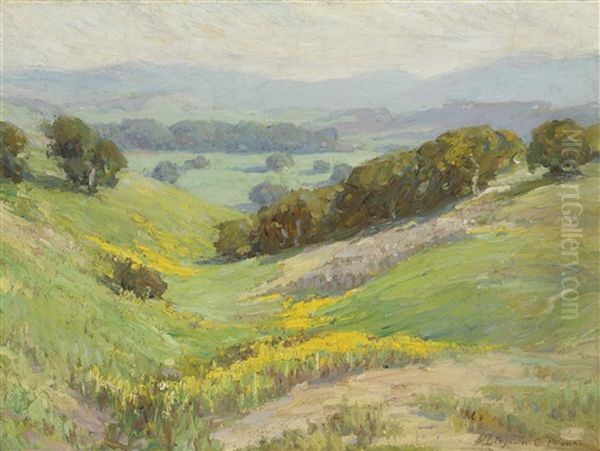 Landscape (wildflowers On Rolling Hills) Oil Painting by Benjamin Chambers Brown