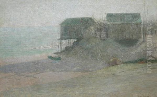 Fishing Shacks And Dories On The Beach Oil Painting by Bolton Brown