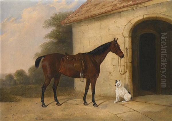 A Saddled Bay Hunter Tethered To A Gatehouse, With A Terrier Oil Painting by Edward (of Coventry) Brown