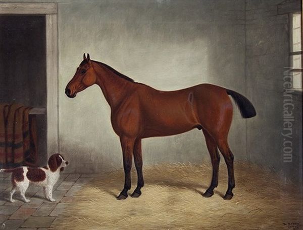 Portrait Of A Chestnut Hunter In A Stable Interior With A Spaniel Beside Oil Painting by Edward (of Coventry) Brown