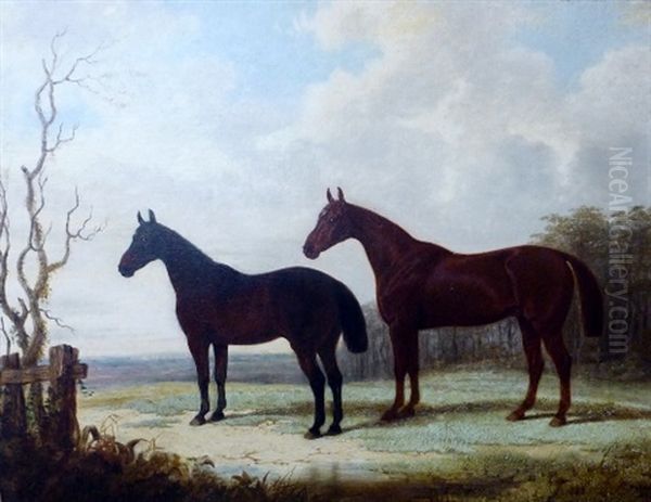 Chestnut Stallion And Mare In A Landscape Oil Painting by Edward (of Coventry) Brown