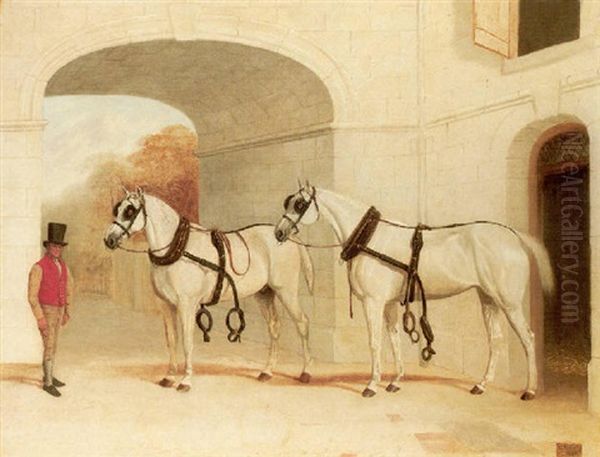 Two Carriage Horses In A Stable Oil Painting by Edward (of Coventry) Brown