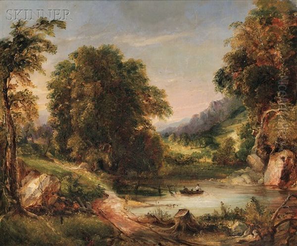 Landscape With Fishermen On A Small Lake Oil Painting by George Loring Brown