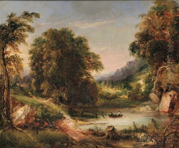 Landscape With Fishermen In A Small Lake Oil Painting by George Loring Brown