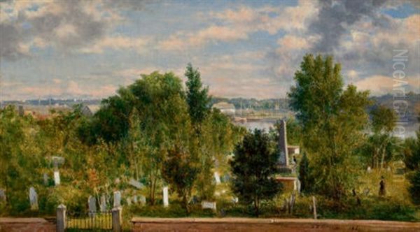 New England Landscape With Cemetery (medford, Ma?) Oil Painting by George Loring Brown