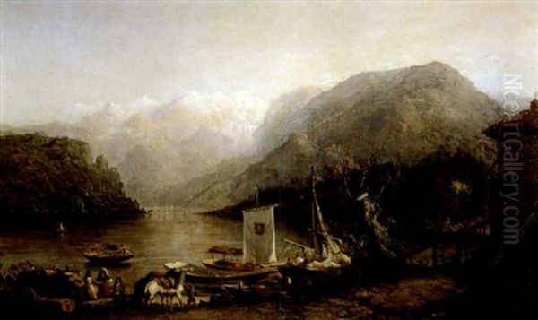 Activity At The Water's Edge, Lake Lucerne by George Loring Brown