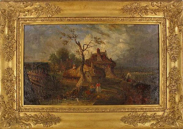 Figures And Cottages In A Landscape Oil Painting by George Loring Brown