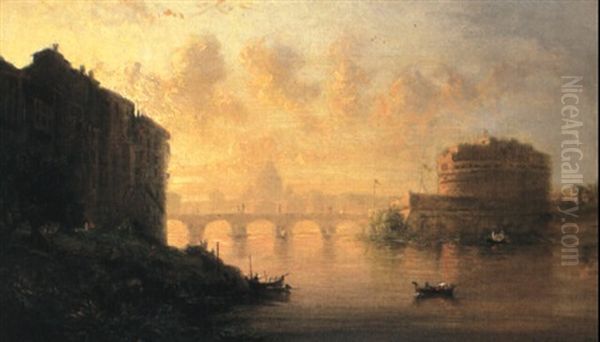 Sunset On The Tiber (sunset, Rome-castle Of St. Angelo) Oil Painting by George Loring Brown