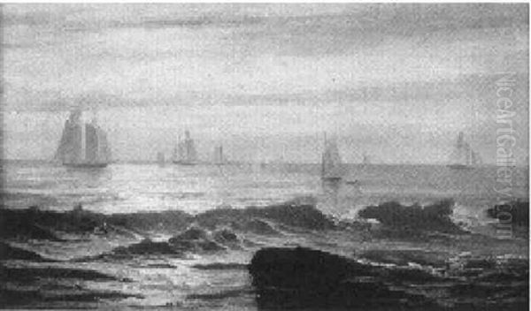 Sailing Vessels Off A Rocky Shore Oil Painting by Harrison Bird Brown