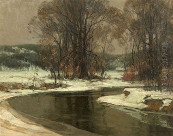 River In A Winter Landscape Oil Painting by Howard V. Brown