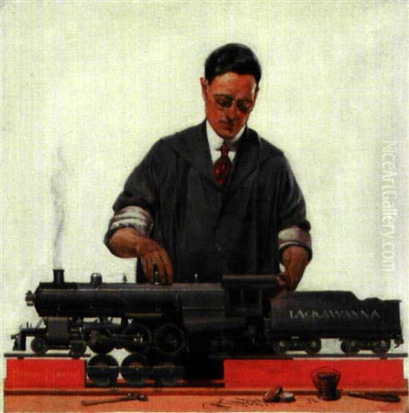 Man Working On Model Train Lackawanna Oil Painting by Howard V. Brown