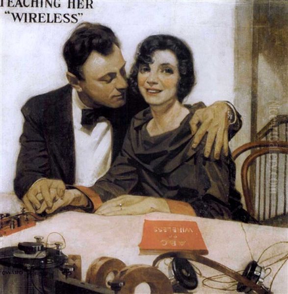 Teaching Her Wireless: Couple At Telegraphy Set Oil Painting by Howard V. Brown