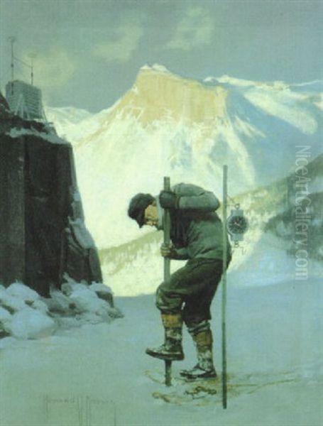 Man Testing Snow Depth In Mountain Pass Oil Painting by Howard V. Brown