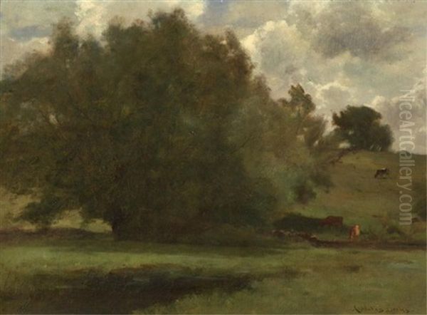 Hilly Landscape With Cows Scattered Amid The Pasture Oil Painting by John Appleton Brown