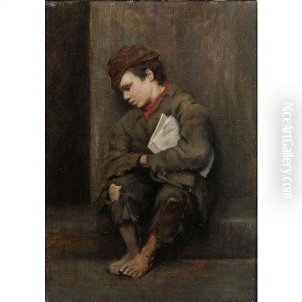 Portrait Of A Sleeping Newspaper Boy Oil Painting by John George Brown