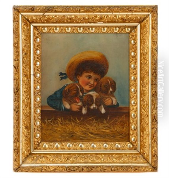 Litter Of Puppies Oil Painting by John George Brown