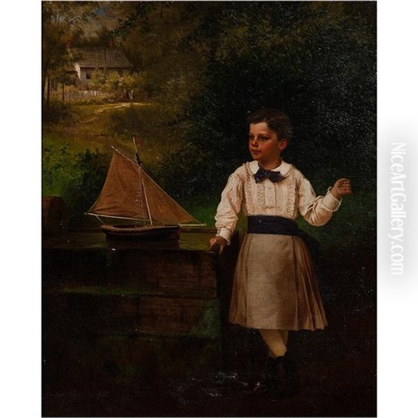 Boy With Toy Ship Oil Painting by John George Brown