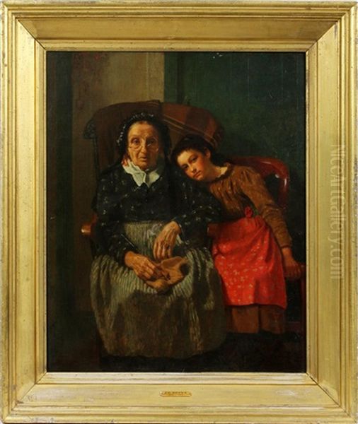 Genre Scene Depicting Grandmother And Loving Grand Daughter Oil Painting by John George Brown