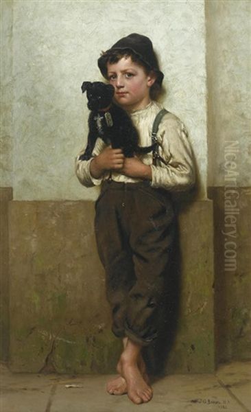 Boy With Puppy Oil Painting by John George Brown