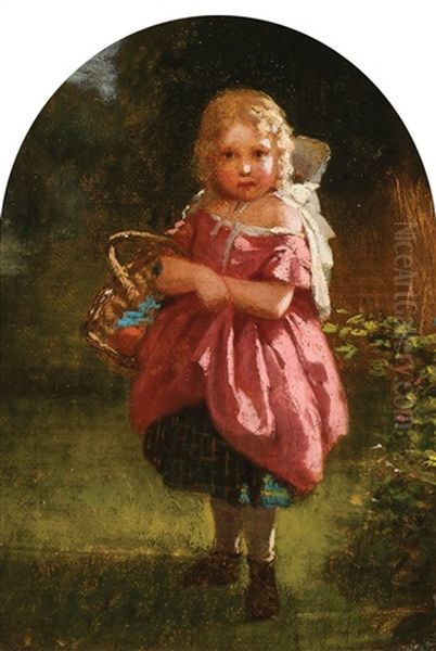 Little Girl In Pink Holding A Basket Oil Painting by John George Brown