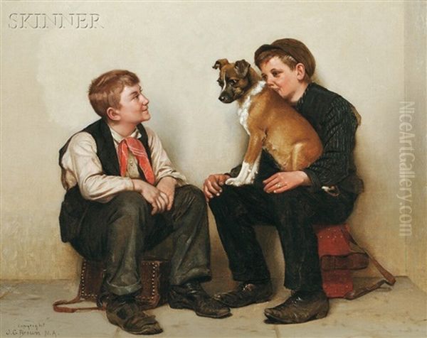 Two Shoeshine Boys With A Dog Oil Painting by John George Brown