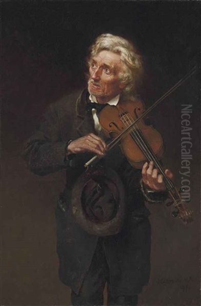 An Old Musician (a Merry Air And A Sad Heart) Oil Painting by John George Brown