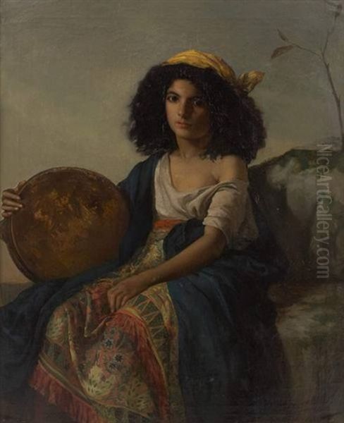 Jeune Bohemienne Au Tambourin Oil Painting by John George Brown