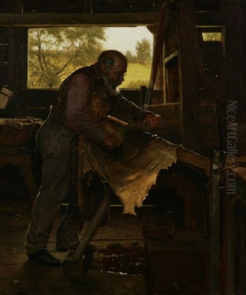 Preparing A Deer Hide In Barn Interior Oil Painting by John George Brown