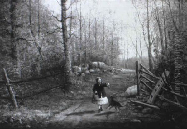 Girl With Dog On Country Road Oil Painting by John George Brown