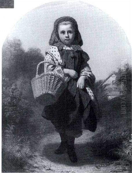 Young Girl With A Straw Basket Oil Painting by John George Brown