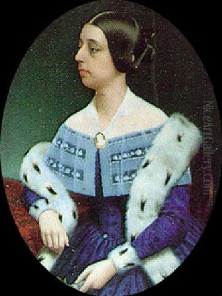 Miss Jane G. Bohlen Of Philadelphia, Seated, Wearing A Blue Brocade Dress With Lace Collar Oil Painting by John Henry Brown