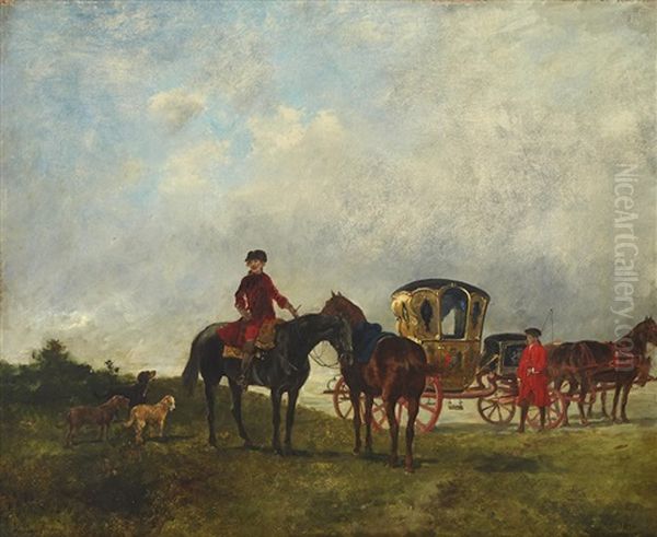 A Carriage With Figures And A Dog In An Extensive Landscape Oil Painting by John Lewis Brown