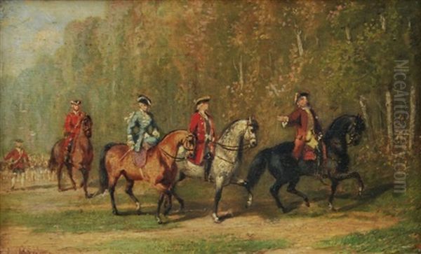 Chasse A Courre A L'oree Du Bois, Trois Chasseurs Et Une Amazone Suivis Du Piqueur Et Des Chiens Oil Painting by John Lewis Brown