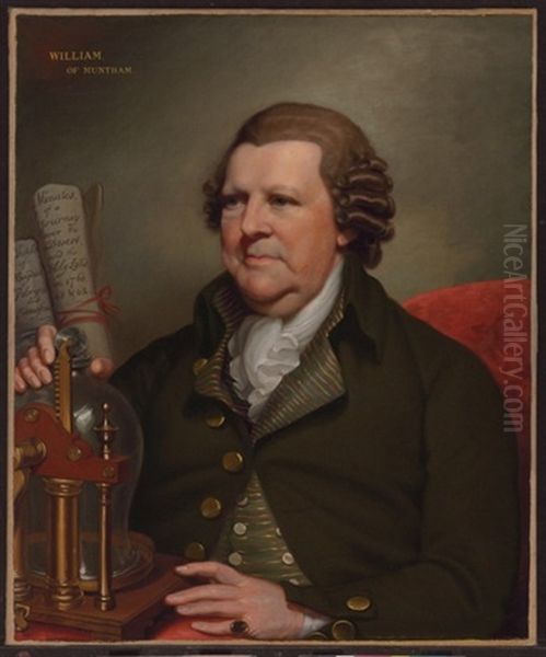 Portrait Of Sir William Franklin Of Muntham Court, Sussex (1720-1805), Seated Half-length, His Hand Resting On A Pressure Pump, With Two Inscribed Scrolls Behind Oil Painting by Mather Brown