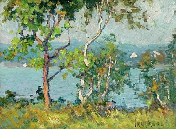 A Lake Viewed Through Trees (+ Sheep On A Hillside; 2 Works) Oil Painting by Matilda Brown