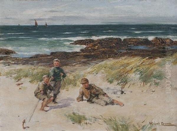 Boys On A Sea Shore Oil Painting by Michael Brown