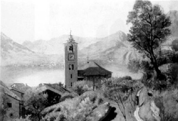 A Clock Tower In A Town, With Lake Geneva Beyond Oil Painting by T. Bryant Brown