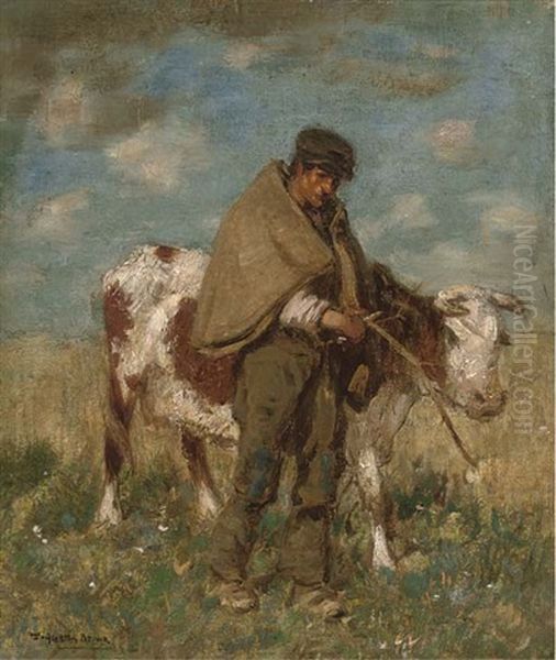 Herd And Cow Oil Painting by Thomas Austen Brown