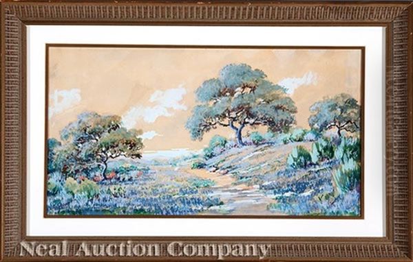 A Field Of Bluebonnets Oil Painting by Thomas E. Brown