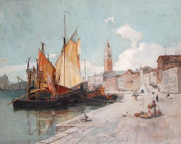 A Venetian Harbor Oil Painting by Walter Francis Brown