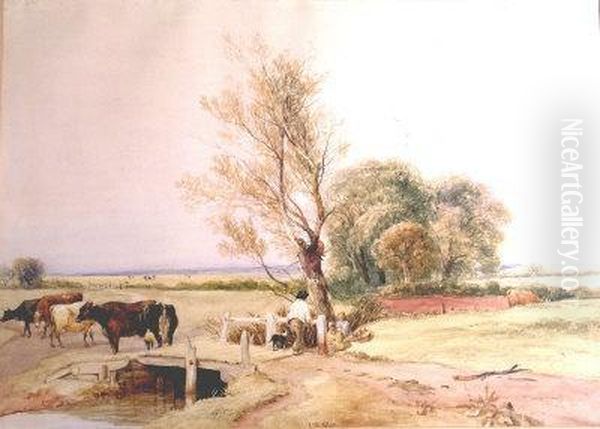 A Wooded River Landscape With Drover And Cattle On A Bridge Oil Painting by Joseph William Allen