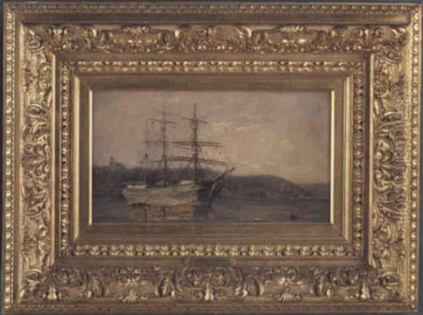 A Ship Anchored Off The Coast Of Providence, Rhode Island Oil Painting by Walter Francis Brown