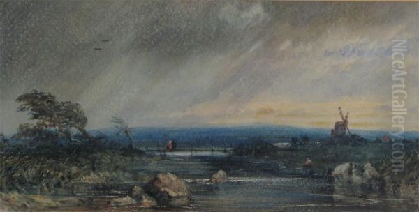 Landscape With Figure And A Distant Windmill Oil Painting by Joseph William Allen