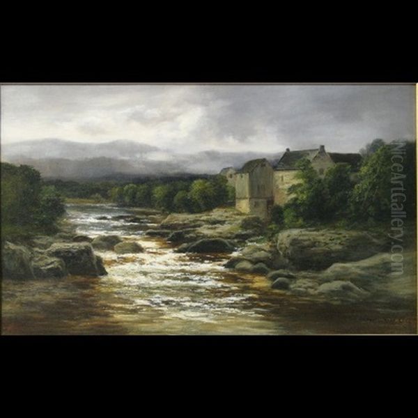 Water Mill Beside A Rocky River Oil Painting by William Beattie Brown