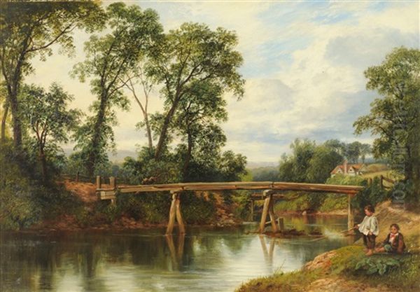 Children Fishing By A River, A Bridge Beyond Oil Painting by William Beattie Brown