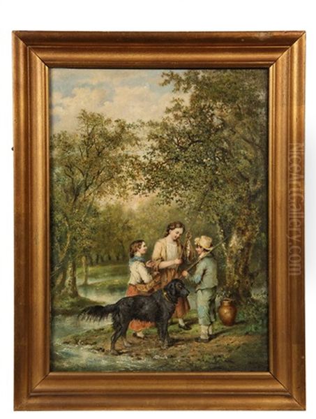 Southern Country Genre Scene Of Young Fishermen Comparing Catches, Their Dog In Foreground Oil Painting by William Garl Brown