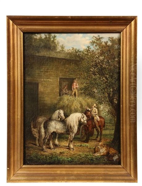 Southern Farm Genre Scene Of Men Loading Hay Into Barn, Two Dray Horses And Resting Dog In Foreground Oil Painting by William Garl Brown